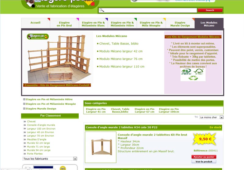 étagère pin - fiche produit et menu déroulant